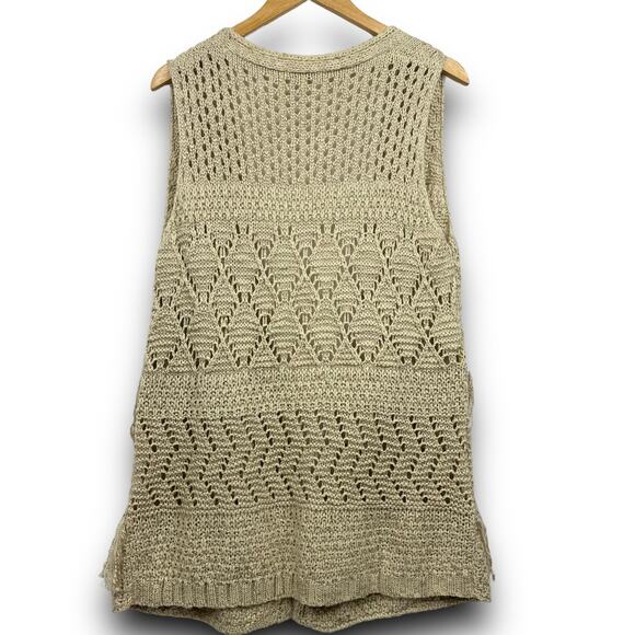 Umgee Shaggy Fringe Boho Crochet Knit Open Vest Sleeveless Cardigan Tan Medium - Picture 4 of 5
